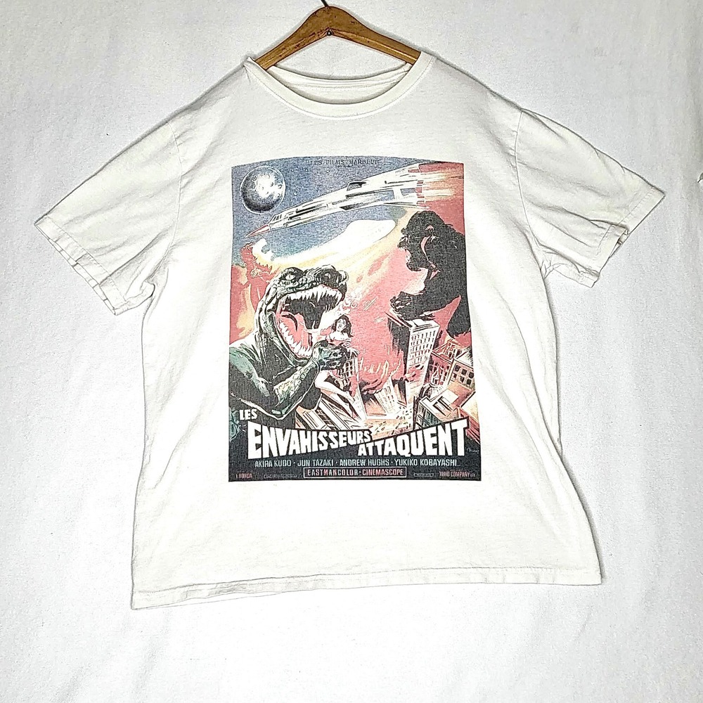John Galt Graphic T Shirt Kaiju Godzilla King Kong Movie Print White Tee Large